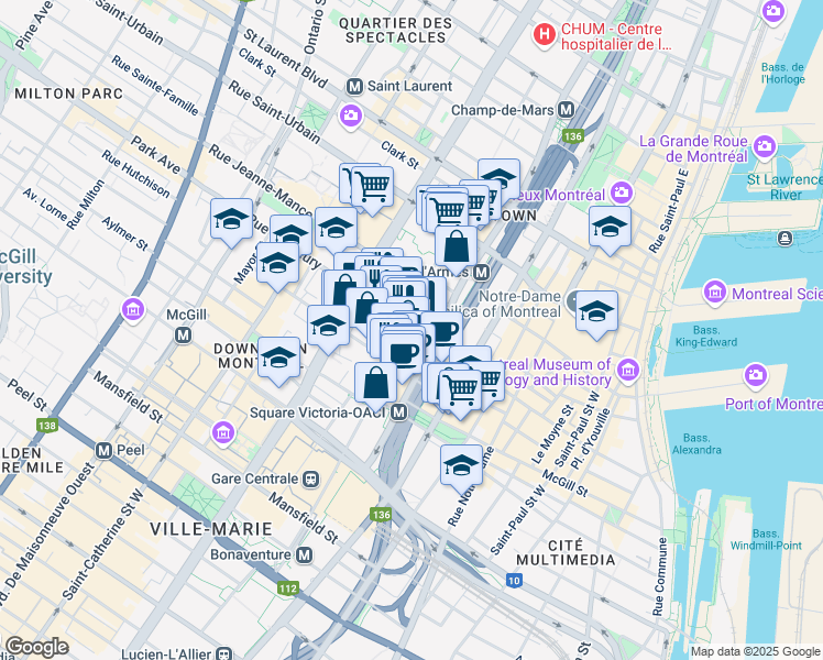 map of restaurants, bars, coffee shops, grocery stores, and more near 345 de la Gauchetière West in Montreal