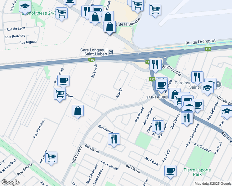 map of restaurants, bars, coffee shops, grocery stores, and more near 2920 Rue Star in Longueuil