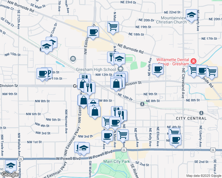 map of restaurants, bars, coffee shops, grocery stores, and more near 60 Northwest Division Street in Gresham