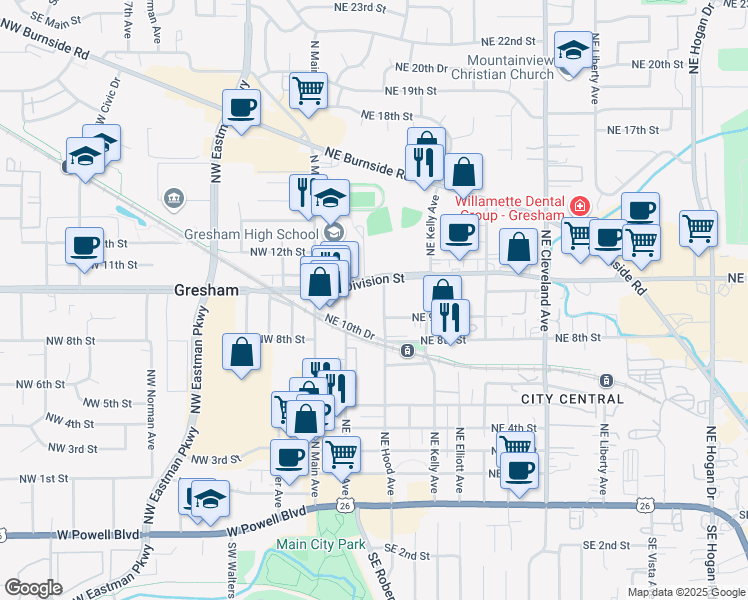 map of restaurants, bars, coffee shops, grocery stores, and more near 933 Northeast Hood Avenue in Gresham