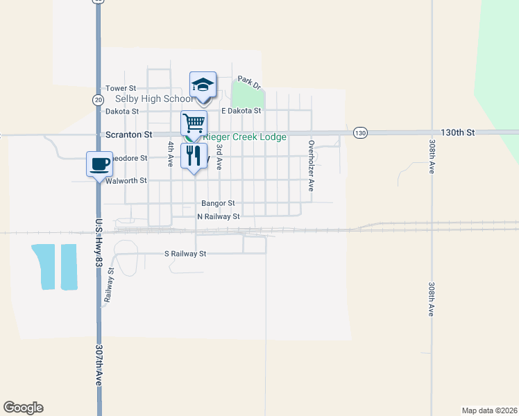 map of restaurants, bars, coffee shops, grocery stores, and more near North Railway Avenue in Selby