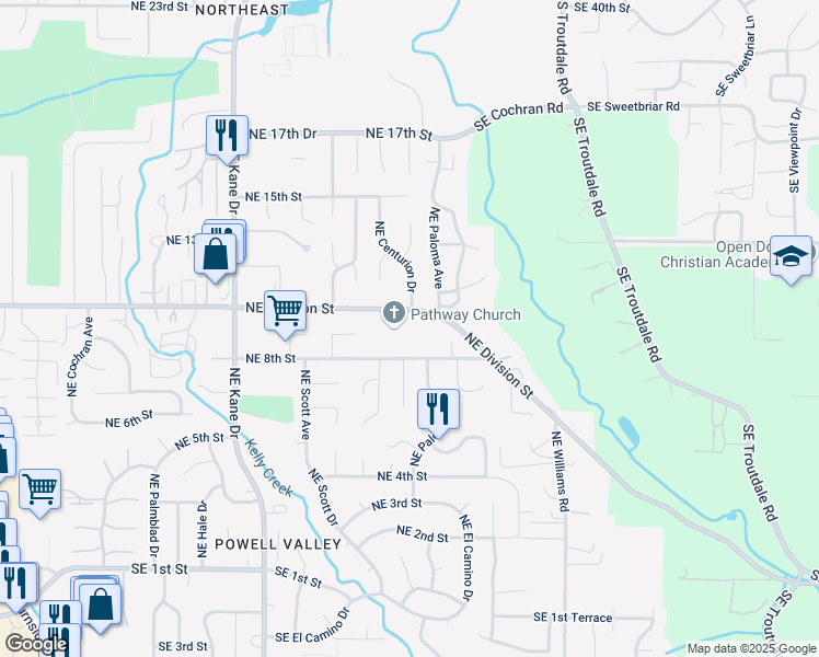 map of restaurants, bars, coffee shops, grocery stores, and more near 4001 Northeast 8th Street in Gresham