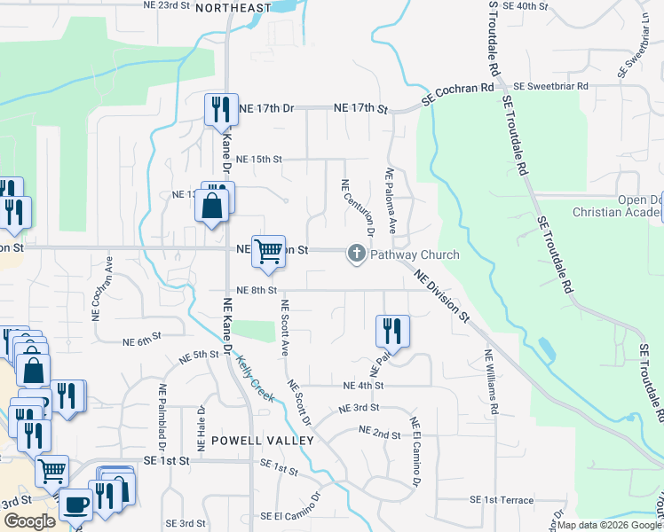 map of restaurants, bars, coffee shops, grocery stores, and more near 882 Northeast Hacienda Avenue in Gresham