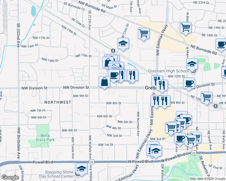 map of restaurants, bars, coffee shops, grocery stores, and more near 968 Northwest Division Street in Gresham