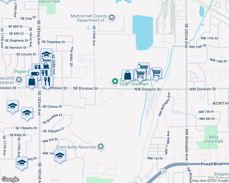 map of restaurants, bars, coffee shops, grocery stores, and more near 3180 Northwest Division Street in Gresham
