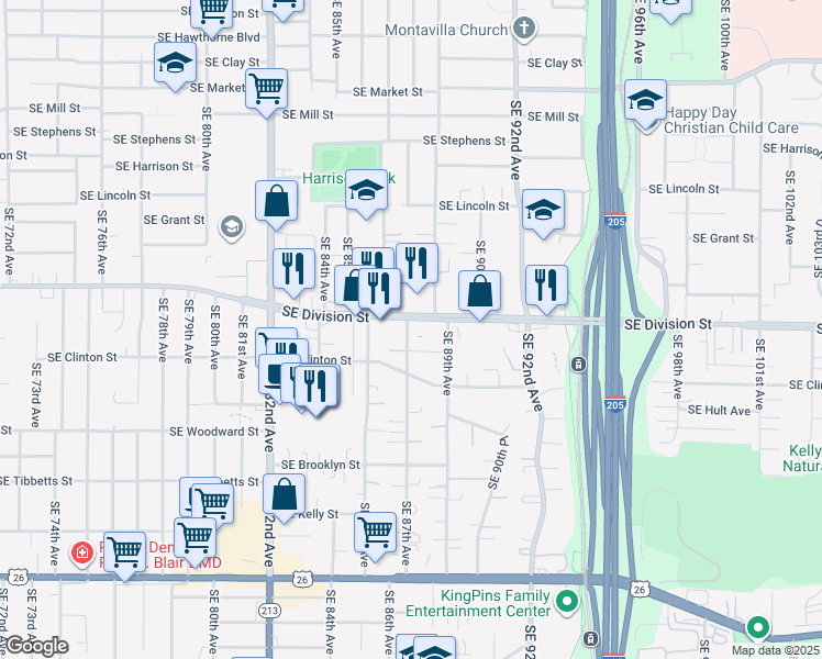 map of restaurants, bars, coffee shops, grocery stores, and more near 2544 Southeast 87th Avenue in Portland