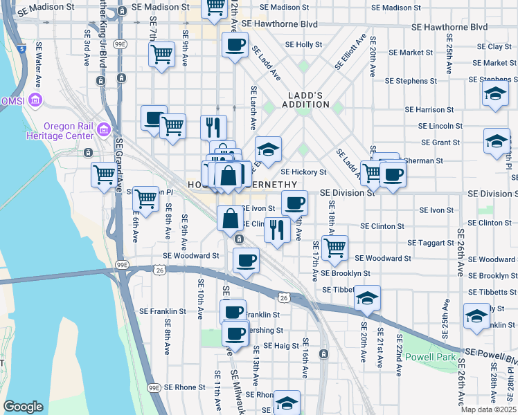 map of restaurants, bars, coffee shops, grocery stores, and more near 1328-1334 Southeast Ivon Street in Portland