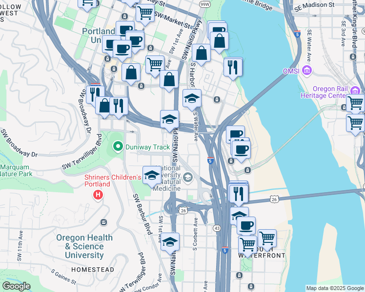 map of restaurants, bars, coffee shops, grocery stores, and more near 2628 Southwest Naito Parkway in Portland