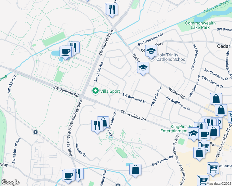 map of restaurants, bars, coffee shops, grocery stores, and more near 13960 Southwest Burlwood Street in Beaverton