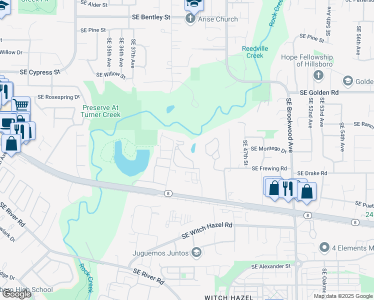 map of restaurants, bars, coffee shops, grocery stores, and more near 2065 Southeast 44th Avenue in Hillsboro
