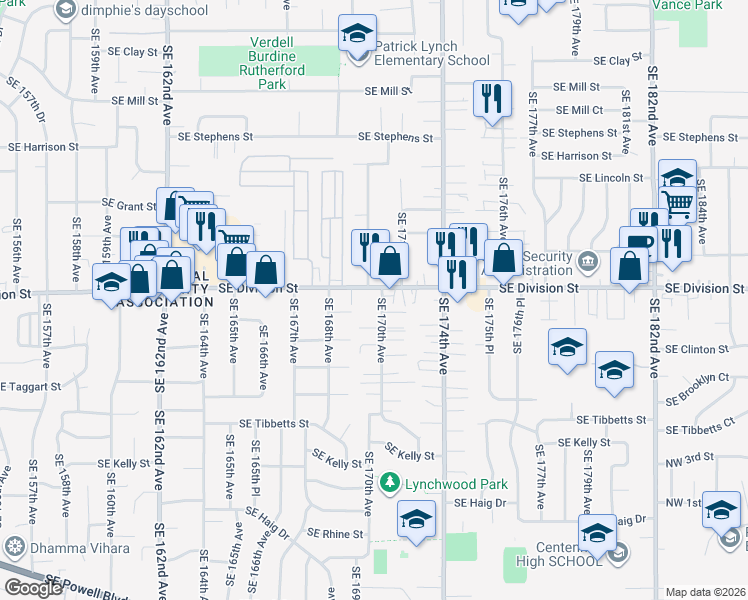 map of restaurants, bars, coffee shops, grocery stores, and more near 2530 Southeast 170th Avenue in Portland