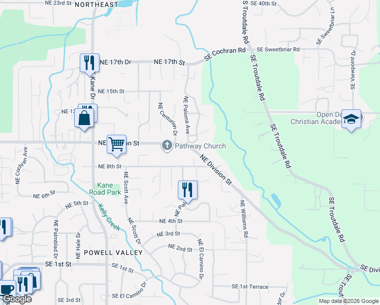 map of restaurants, bars, coffee shops, grocery stores, and more near 4117 Northeast 8th Street in Gresham