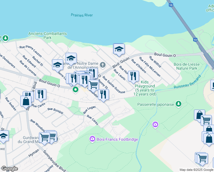 map of restaurants, bars, coffee shops, grocery stores, and more near 4986 Rue Bonny in Montréal