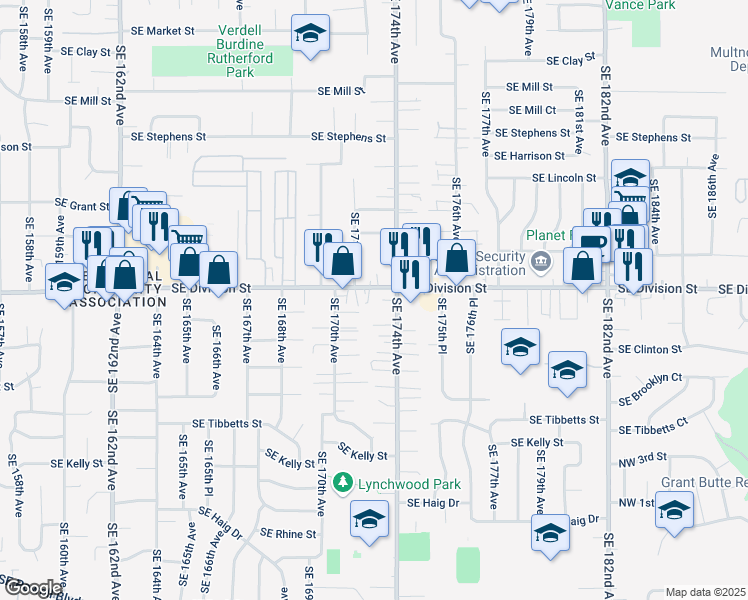 map of restaurants, bars, coffee shops, grocery stores, and more near 17214 Southeast Division Street in Portland