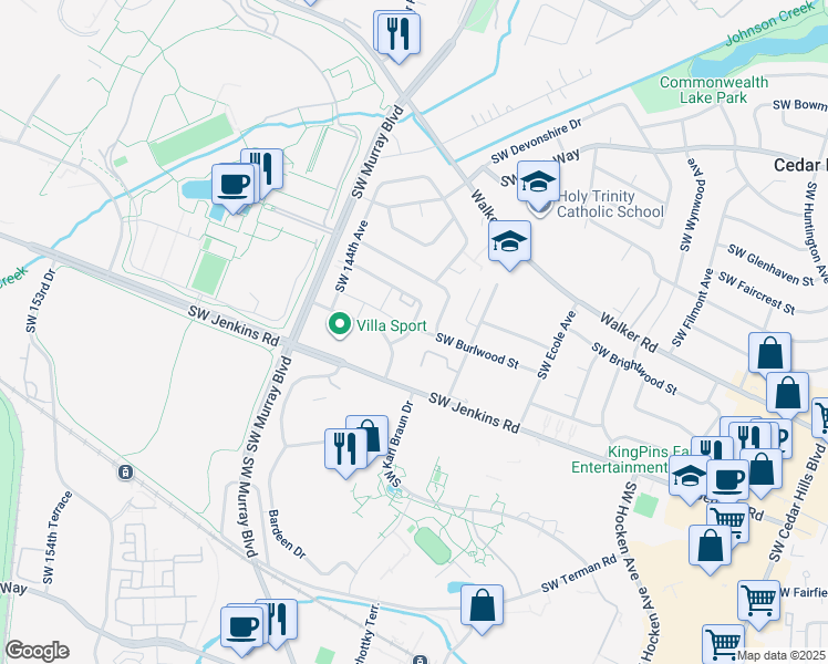 map of restaurants, bars, coffee shops, grocery stores, and more near 13960 Southwest Burlwood Street in Beaverton