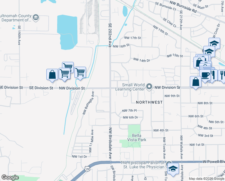 map of restaurants, bars, coffee shops, grocery stores, and more near 940 Northwest Wonderview Court in Gresham