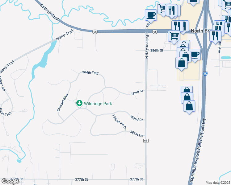 map of restaurants, bars, coffee shops, grocery stores, and more near 5111 383rd Street in North Branch
