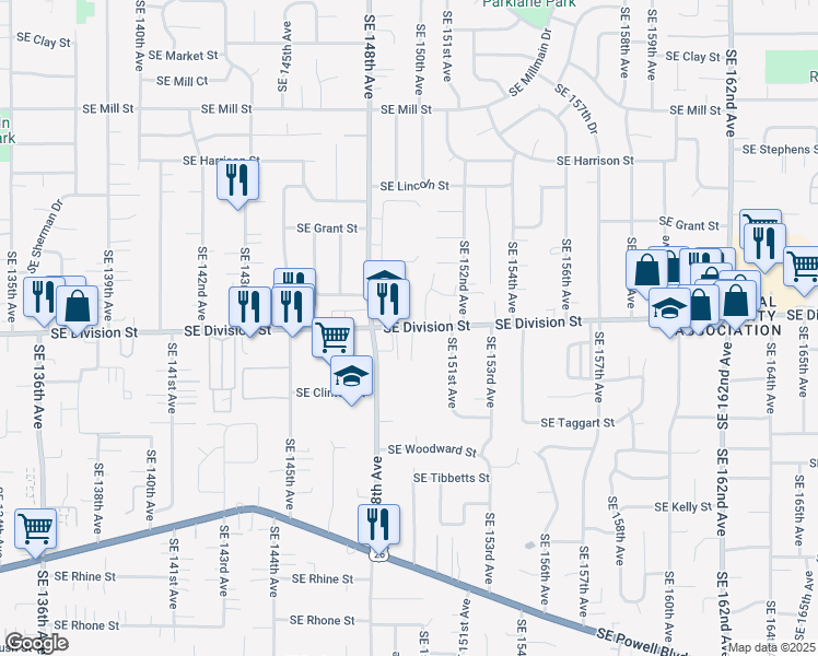 map of restaurants, bars, coffee shops, grocery stores, and more near 14952 Southeast Division Street in Portland