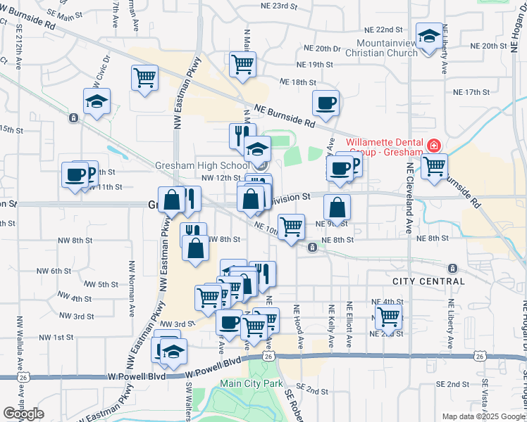 map of restaurants, bars, coffee shops, grocery stores, and more near 1015 Northeast Roberts Avenue in Gresham