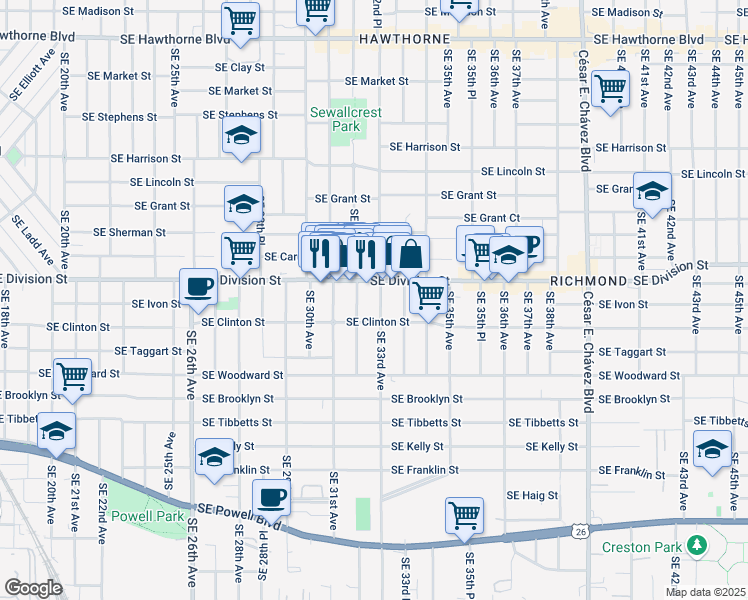 map of restaurants, bars, coffee shops, grocery stores, and more near 2535 Southeast 33rd Avenue in Portland