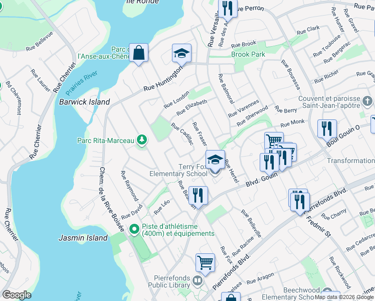 map of restaurants, bars, coffee shops, grocery stores, and more near 5066 Rue Cadillac in Montréal