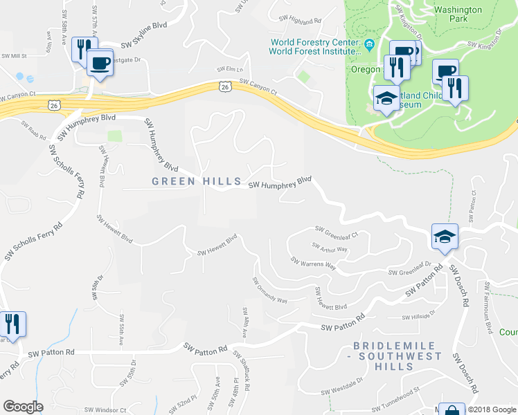map of restaurants, bars, coffee shops, grocery stores, and more near 4700 Southwest Humphrey Boulevard in Portland