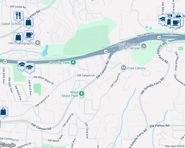 map of restaurants, bars, coffee shops, grocery stores, and more near 7021 Southwest Canyon Lane in Portland
