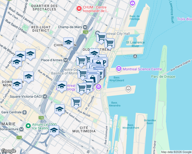 map of restaurants, bars, coffee shops, grocery stores, and more near 105 Saint Paul Street West in Montreal