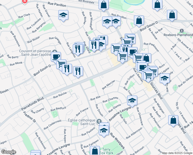 map of restaurants, bars, coffee shops, grocery stores, and more near 12200 Pierrefonds Boulevard in Montreal