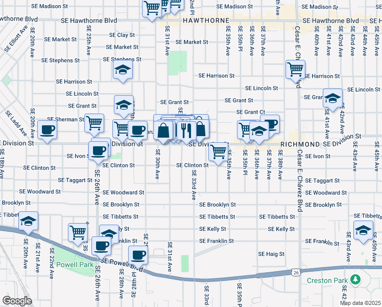 map of restaurants, bars, coffee shops, grocery stores, and more near 2535 Southeast 33rd Avenue in Portland