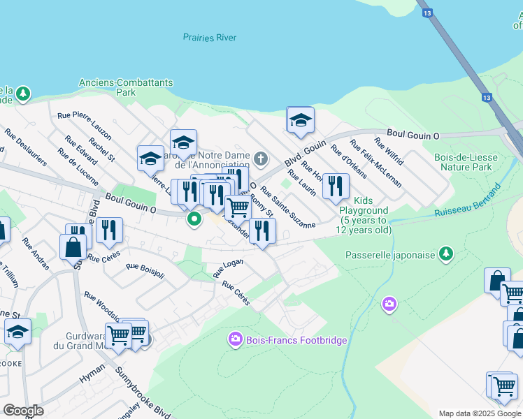 map of restaurants, bars, coffee shops, grocery stores, and more near 4976 Bonny Street in Montreal