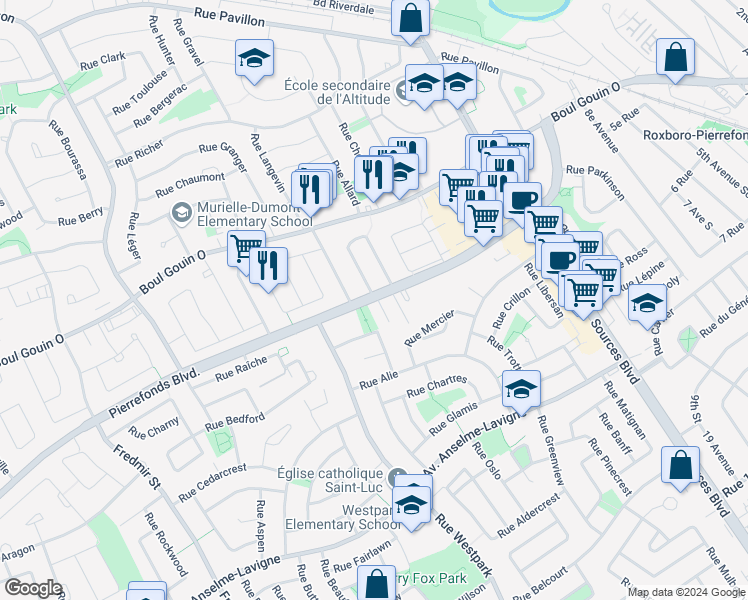 map of restaurants, bars, coffee shops, grocery stores, and more near 12210 Pierrefonds Boulevard in Montreal
