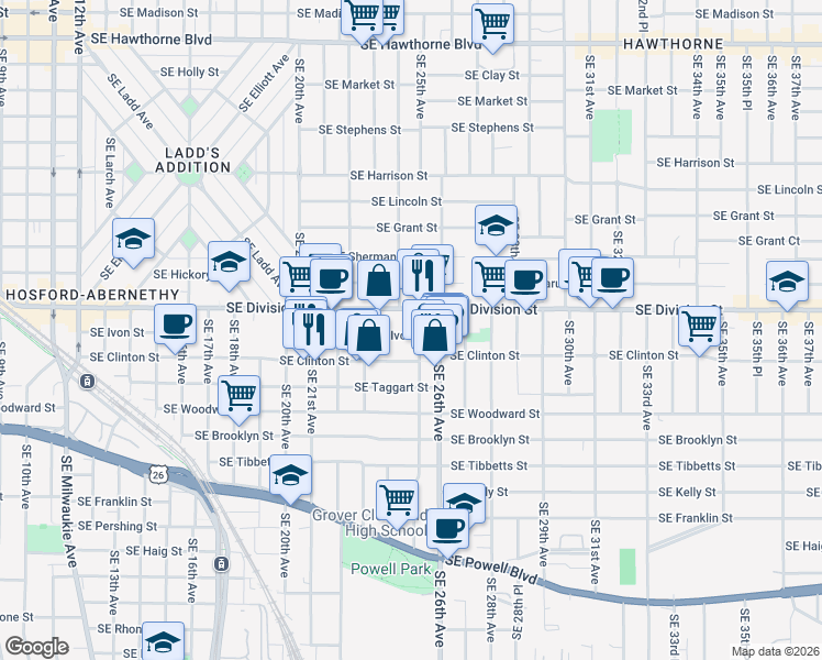 map of restaurants, bars, coffee shops, grocery stores, and more near 2433 Southeast Ivon Street in Portland