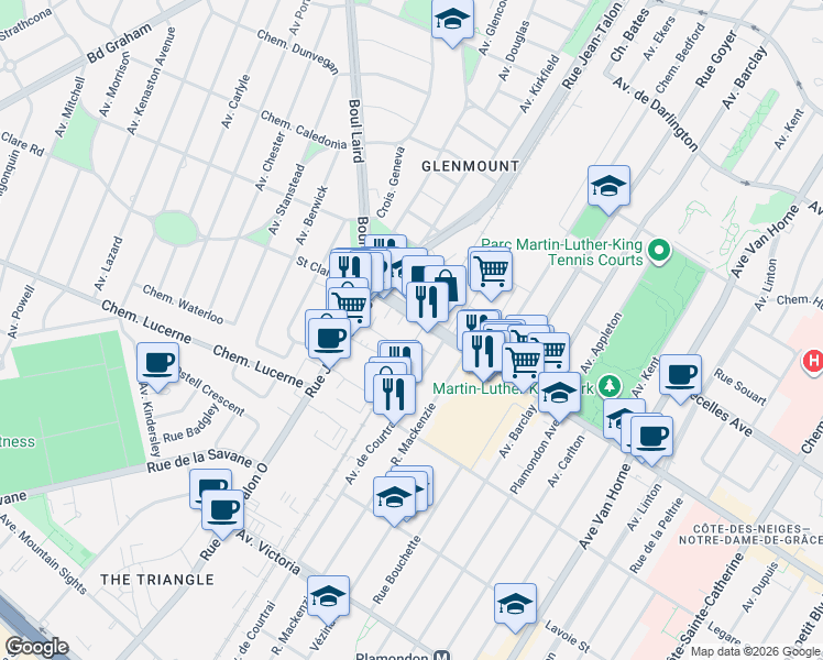 map of restaurants, bars, coffee shops, grocery stores, and more near 7070 Chemin de la Côte-des-Neiges in Montréal