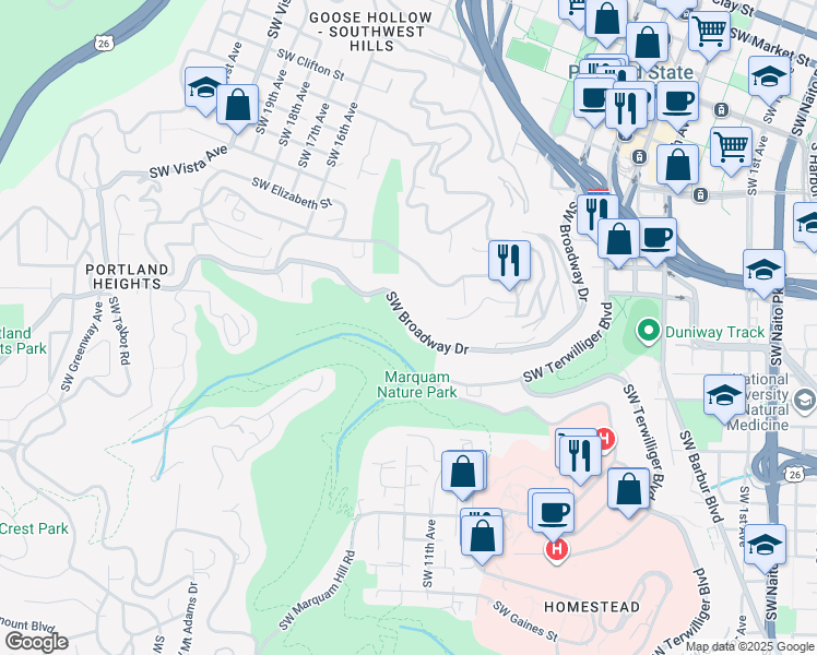 map of restaurants, bars, coffee shops, grocery stores, and more near 1132 Southwest Broadway Drive in Portland