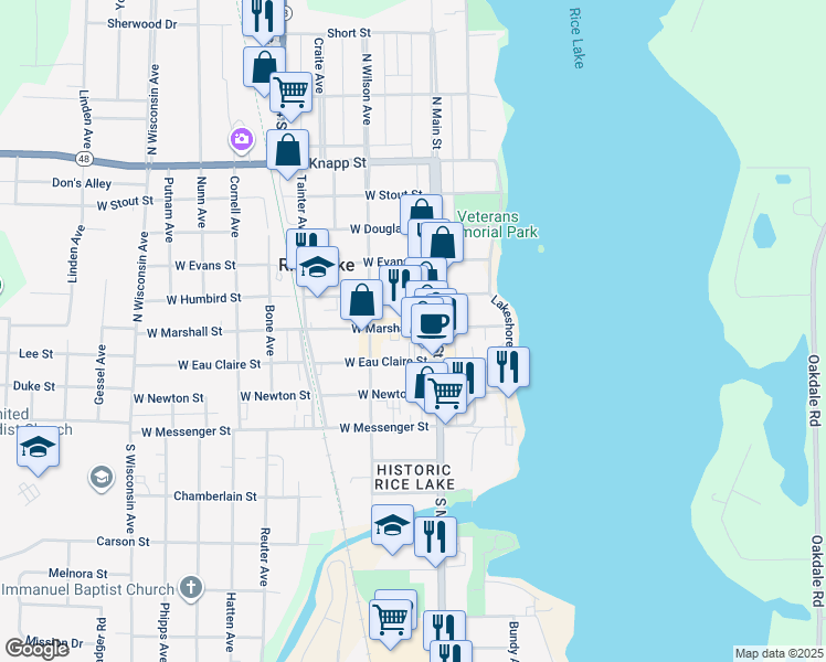 map of restaurants, bars, coffee shops, grocery stores, and more near 226 North Main Street in Rice Lake