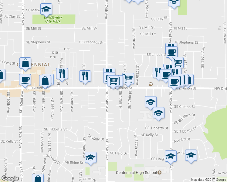 map of restaurants, bars, coffee shops, grocery stores, and more near 17420 Southeast Division Street in Portland