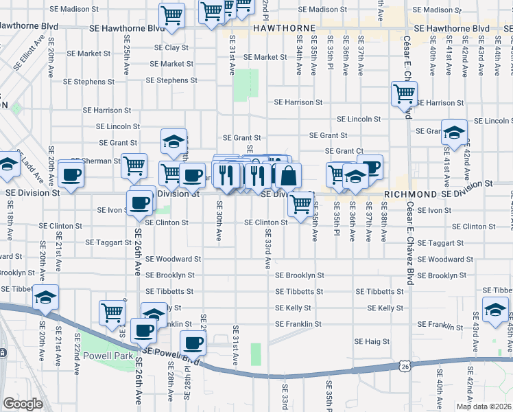 map of restaurants, bars, coffee shops, grocery stores, and more near 2534 Southeast 32nd Avenue in Portland