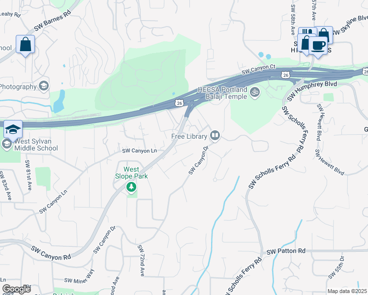 map of restaurants, bars, coffee shops, grocery stores, and more near 6721 Southwest Canyon Crest Drive in Portland