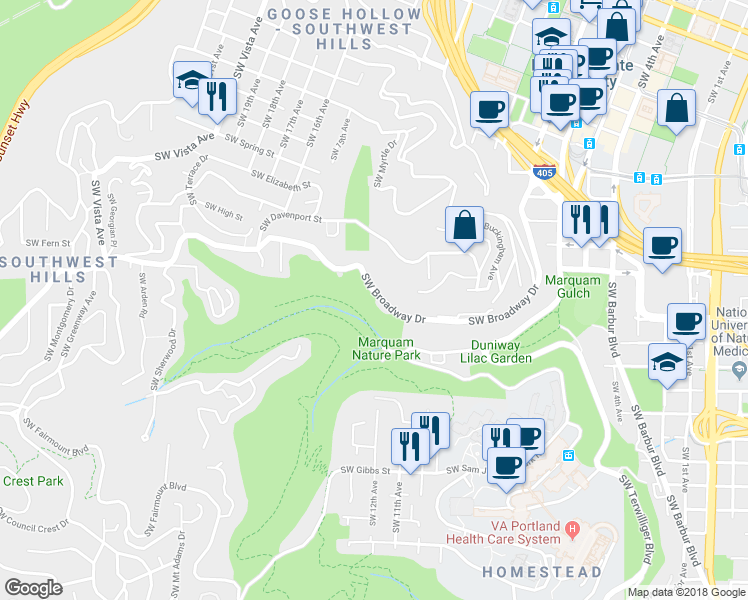 map of restaurants, bars, coffee shops, grocery stores, and more near 1132 Southwest Broadway Drive in Portland