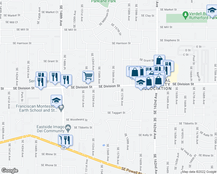 map of restaurants, bars, coffee shops, grocery stores, and more near 15512 Southeast Division Street in Portland