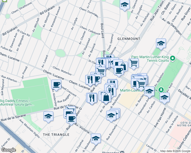 map of restaurants, bars, coffee shops, grocery stores, and more near 574 Avenue Abercorn in Mont-Royal