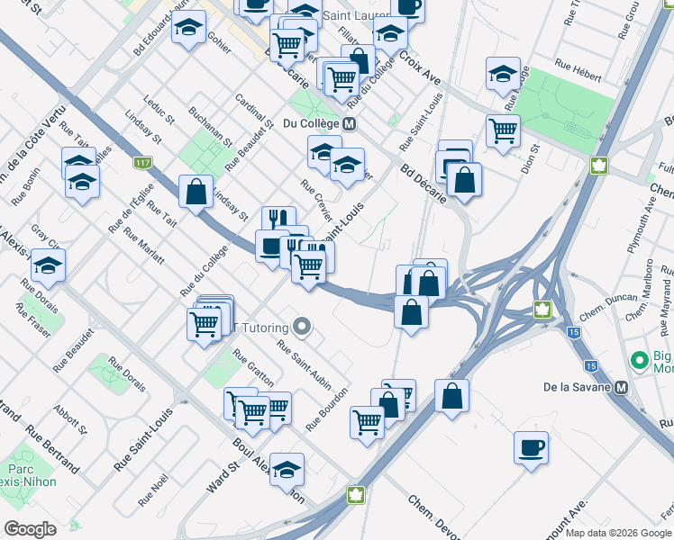 map of restaurants, bars, coffee shops, grocery stores, and more near 335 Boulevard Marcel-Laurin in Montréal