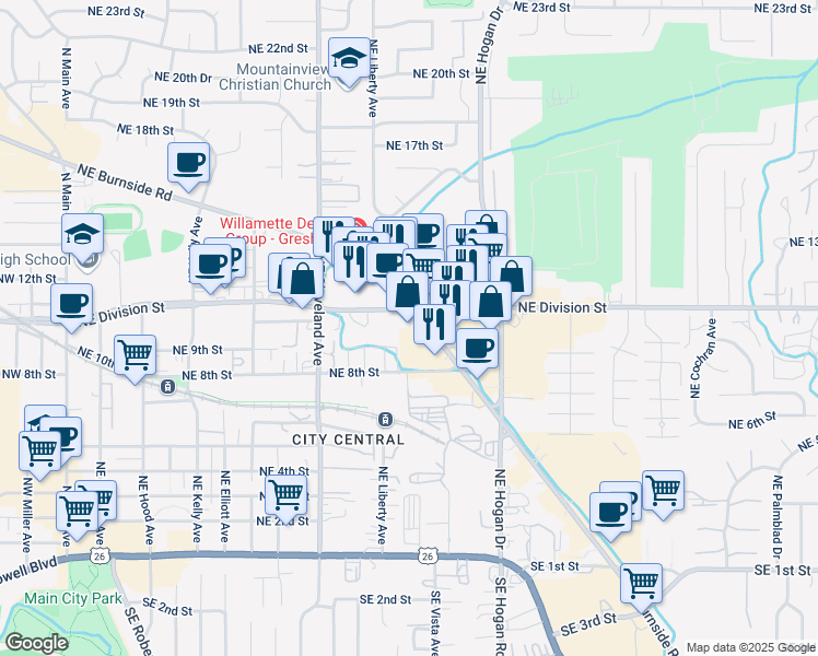 map of restaurants, bars, coffee shops, grocery stores, and more near 1480 Northeast Burnside Road in Gresham