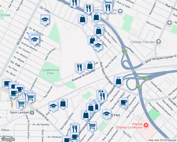 map of restaurants, bars, coffee shops, grocery stores, and more near 878 Avenue Saint Charles in Saint-Lambert