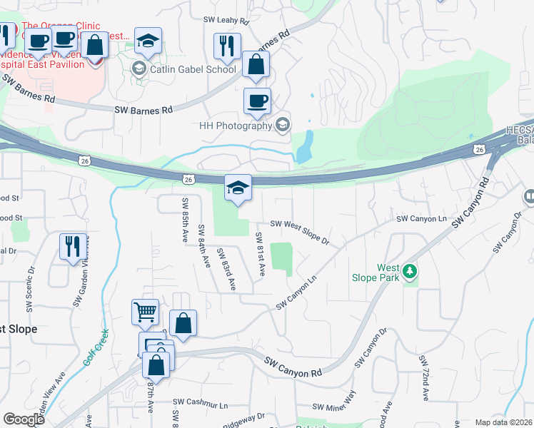 map of restaurants, bars, coffee shops, grocery stores, and more near 8045 Southwest West Slope Drive in Portland