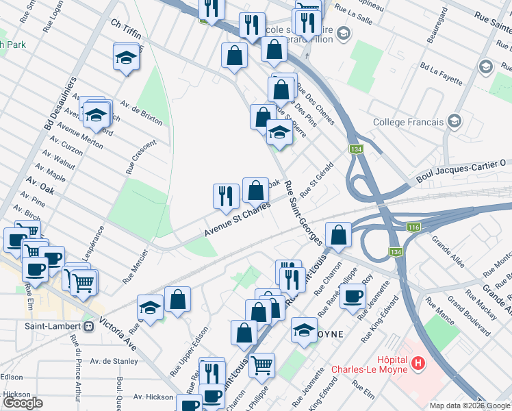 map of restaurants, bars, coffee shops, grocery stores, and more near 890 Rue St Charles in Saint-Lambert