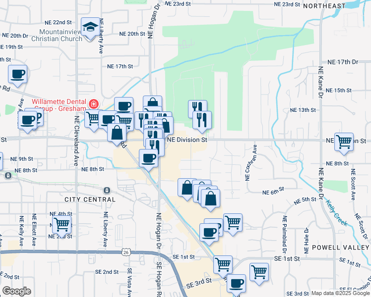 map of restaurants, bars, coffee shops, grocery stores, and more near 2010 Northeast Division Street in Gresham