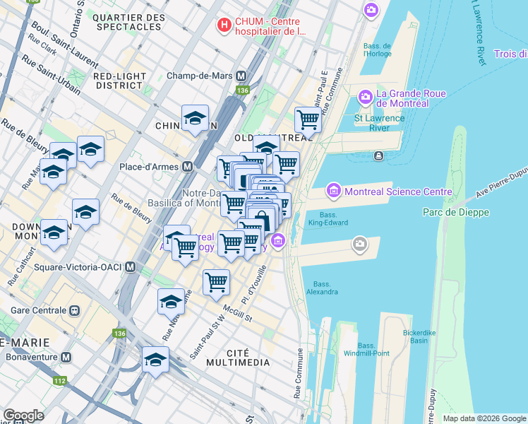 map of restaurants, bars, coffee shops, grocery stores, and more near 414 Rue Saint-Sulpice in Montréal