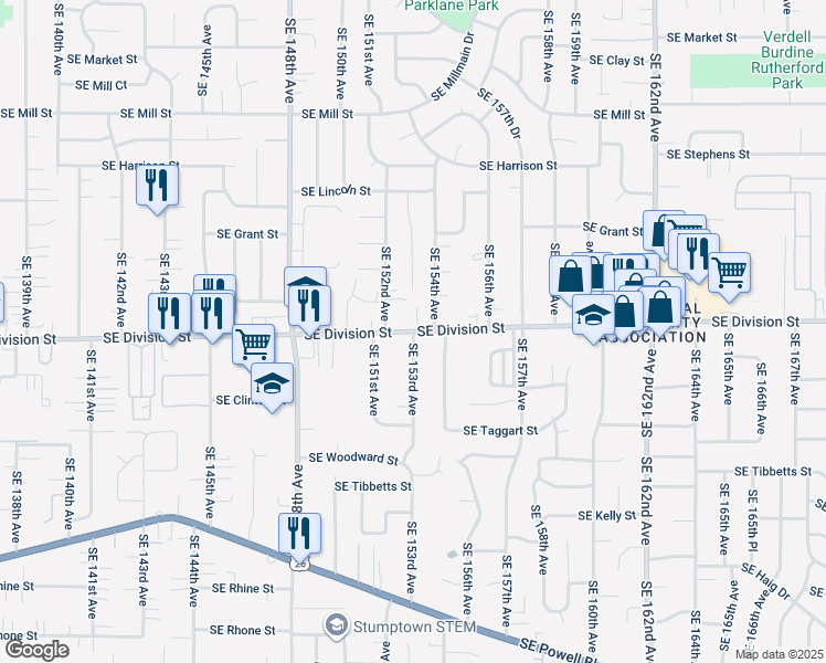 map of restaurants, bars, coffee shops, grocery stores, and more near SE Division St & SE 153rd Ave in Portland